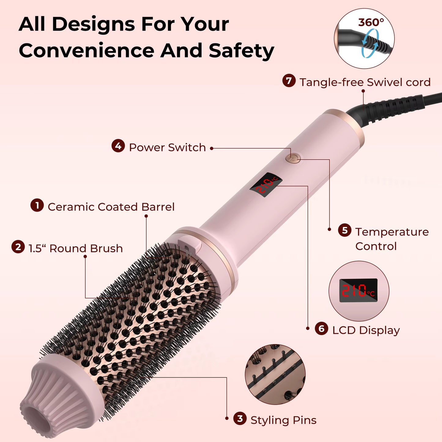 1.5 Inch Hair Curling Iron Brush Ceramic Thermal Brush Heated round Brush Hair Electric Heating Brush Electric Hair Curler Comb